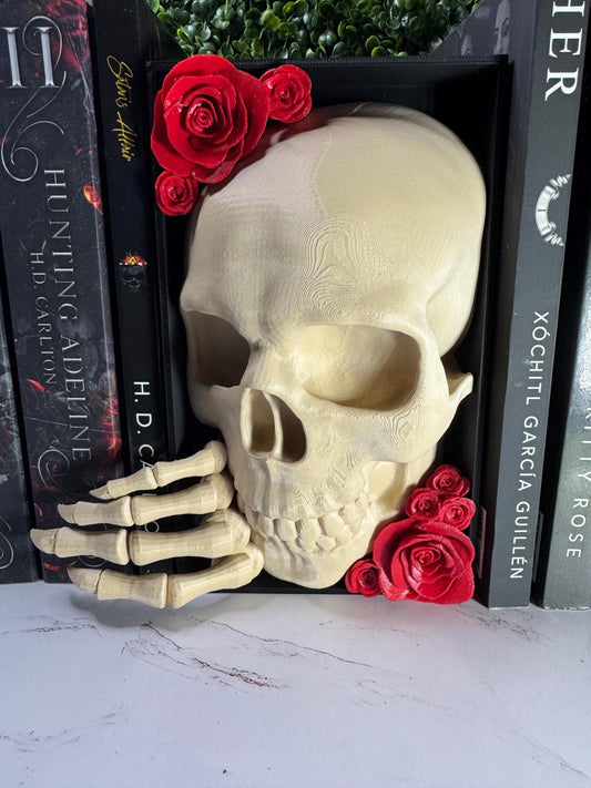 Gothic Skull Book Nook #1 | 3D Printed Bookshelf Insert with Skeleton Hand & Roses