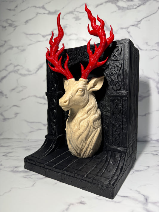 Flame Antler Stag Bookend | Gothic Deer Decor | Dark Academia Shelf Decor