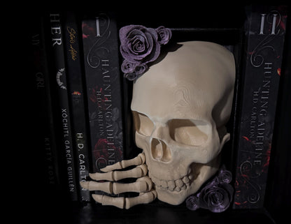 Gothic Skull Book Nook #1 | 3D Printed Bookshelf Insert with Skeleton Hand & Roses