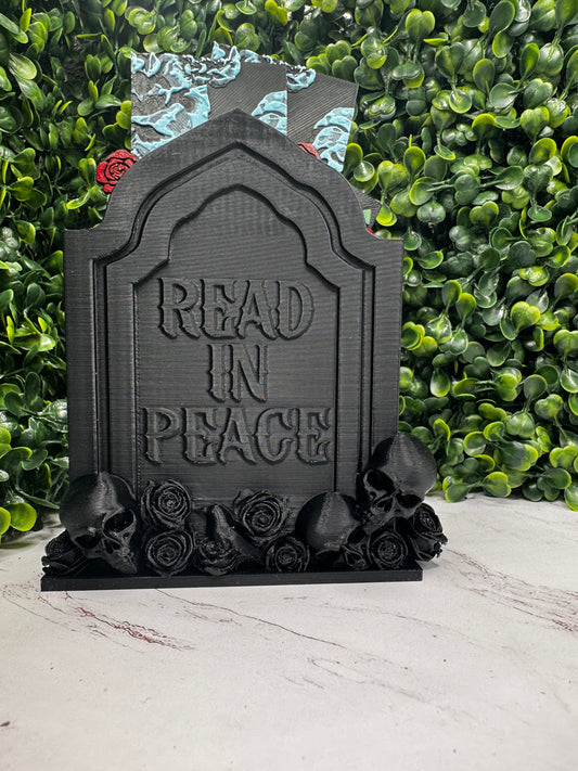 Read in Peace Tombstone Bookmark Holder | Gothic Bookish Decor | Skull & Roses 3D Printed Display Stand | Spooky Bookshelf Accessory