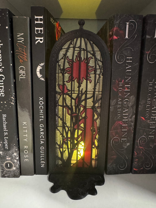 Stained Glass Window Book Nook with Tealight Glow | Gothic Bookshelf Decor