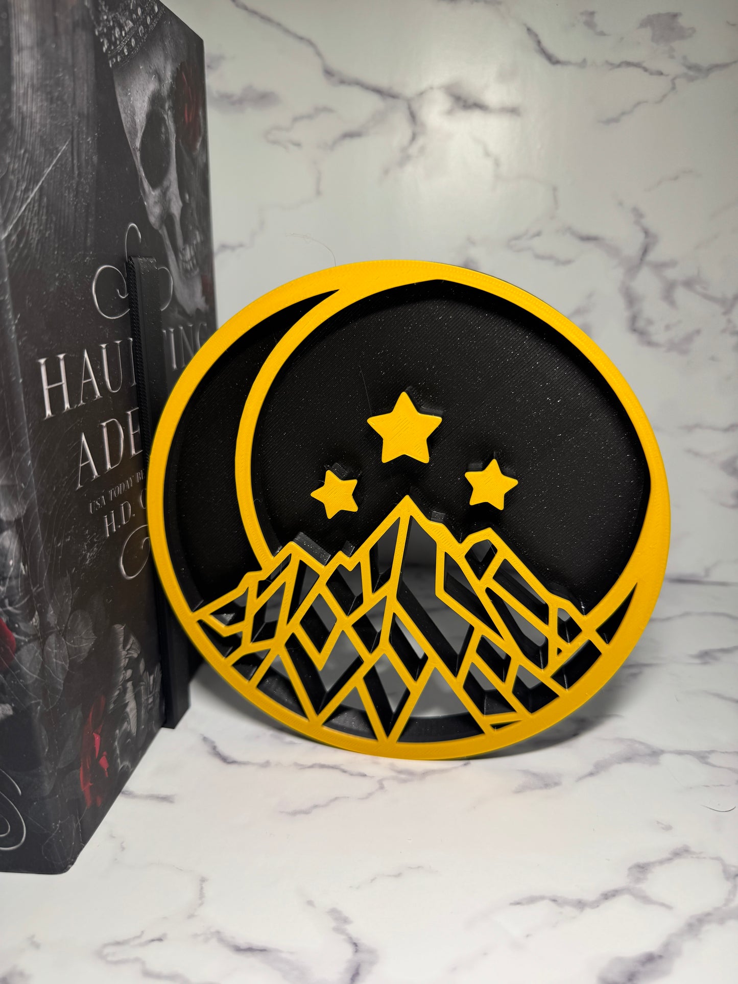 Celestial Mountain Bookends Set (Left + Right) | Crescent Moon & Stars | Geometric Peak Shelf Decor | 3D Printed Bookish Decor