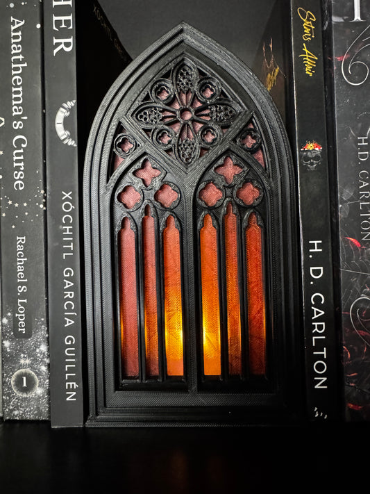 Gothic Window Bookshelf Decor with LED Tealight | Bookmark Holder & Shelf Storage | Dark Academia Book Nook Insert