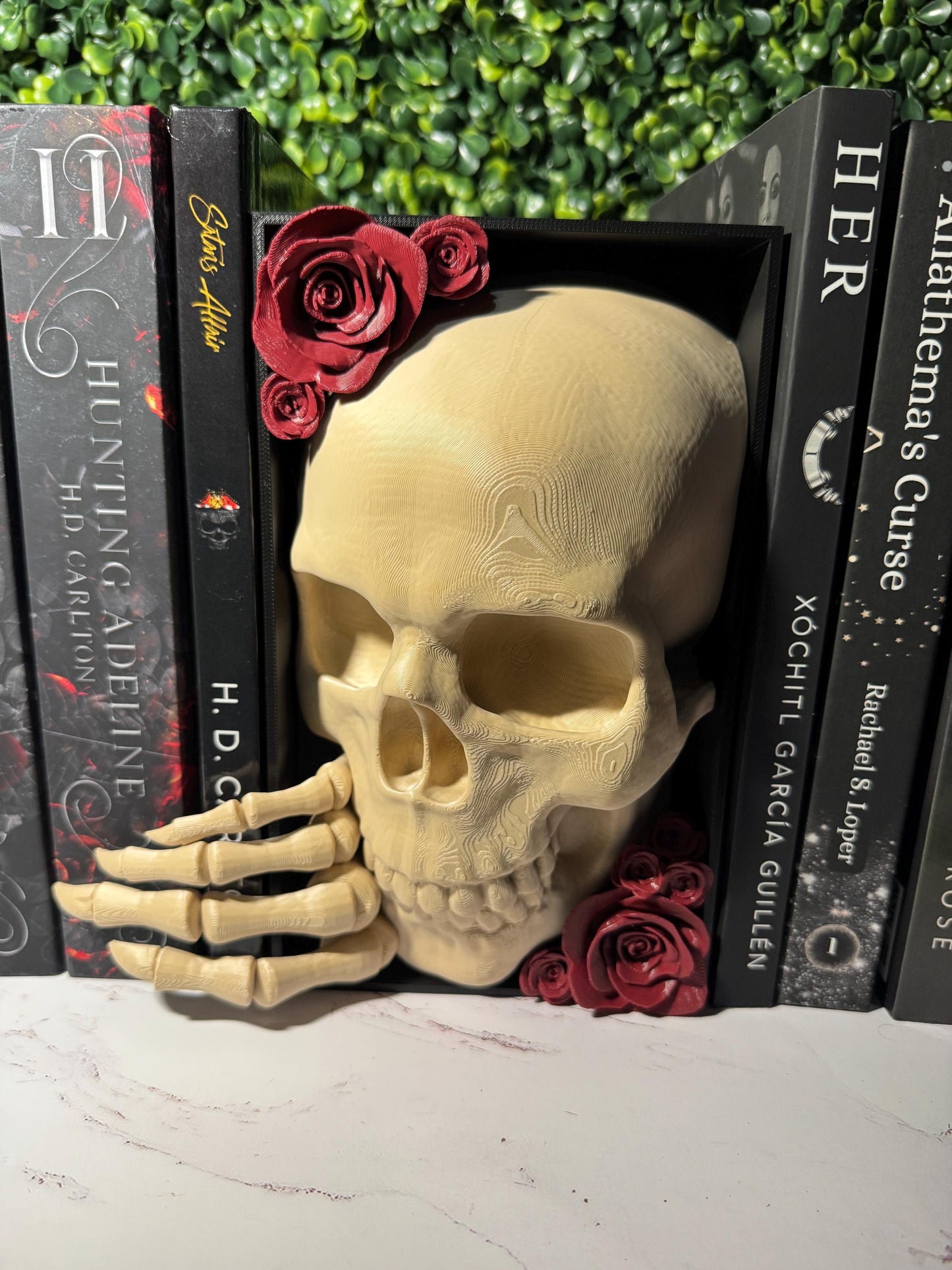 Gothic Skull Book Nook #1 | 3D Printed Bookshelf Insert with Skeleton Hand & Roses