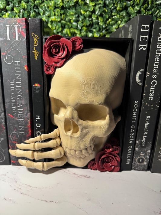 Gothic Skull Book Nook #1 | 3D Printed Bookshelf Insert with Skeleton Hand & Roses