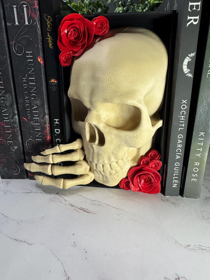 Gothic Skull Book Nook #1 | 3D Printed Bookshelf Insert with Skeleton Hand & Roses